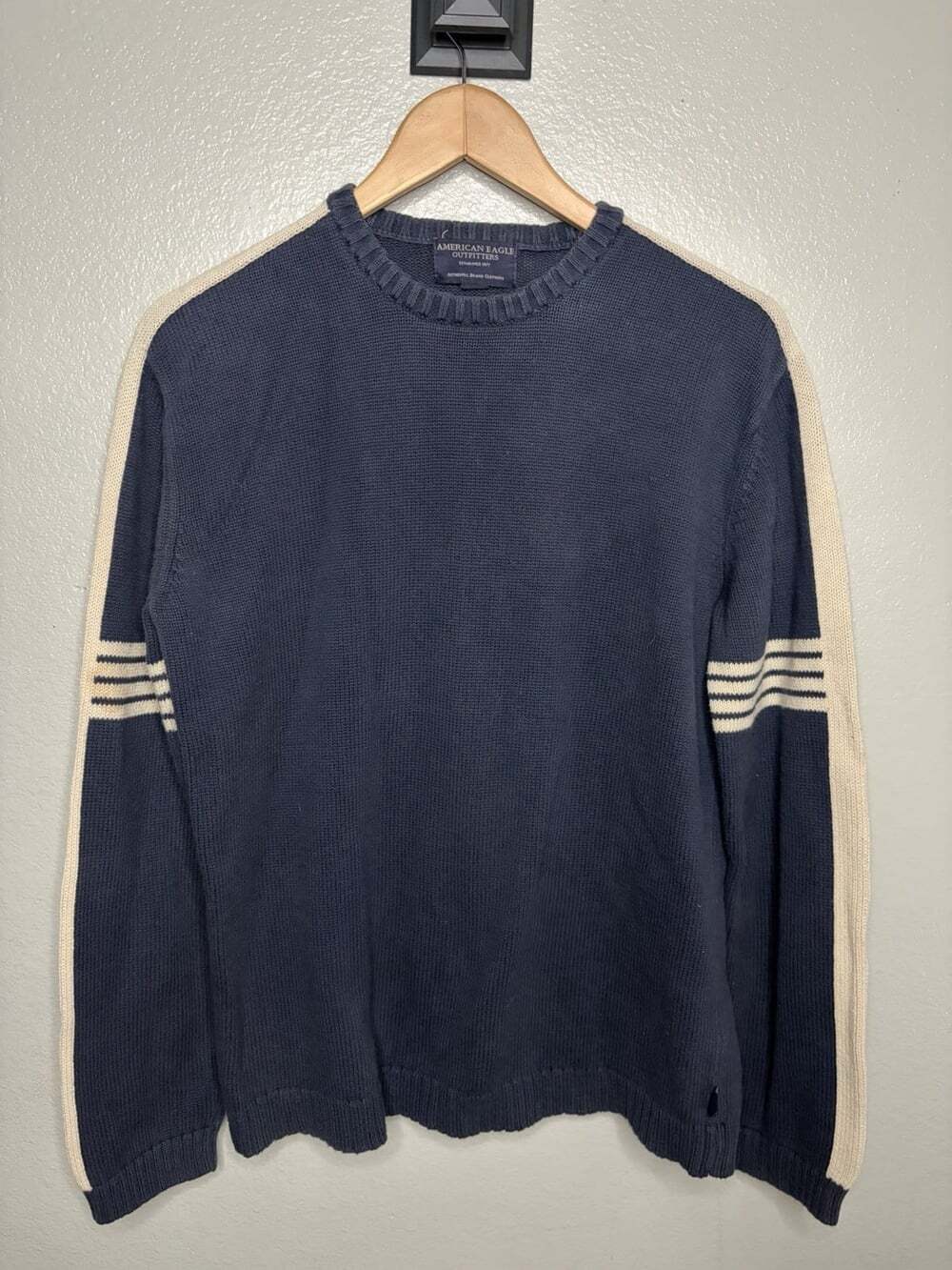 Vtg 90s American Eagle Outfitters Men BLUE WHITE 100% Cotton Knit Sweater SMALL